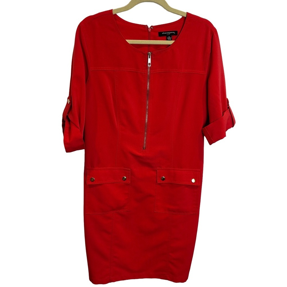 Sharagano Red 3/4 Snap up Sleeve Zip Front‎ Casual Dress 10